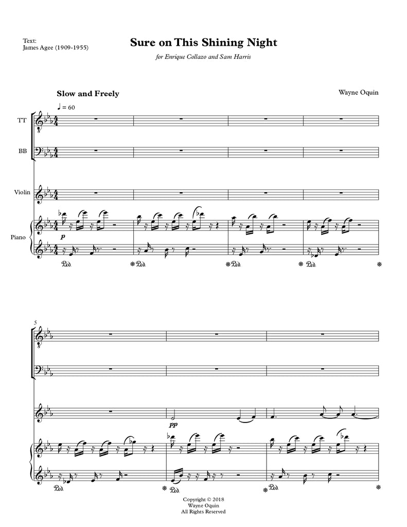 Sure on this Shining Night for men's chorus, violin, and piano (conductor's score)